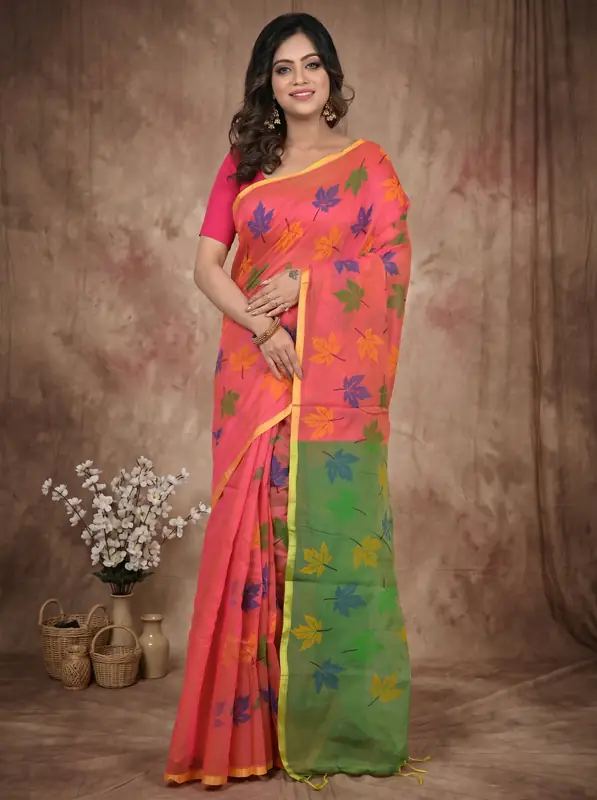 DipDiya Blended Cotton Peach Green Pisha Rooted in Bengal Handloom Sarees