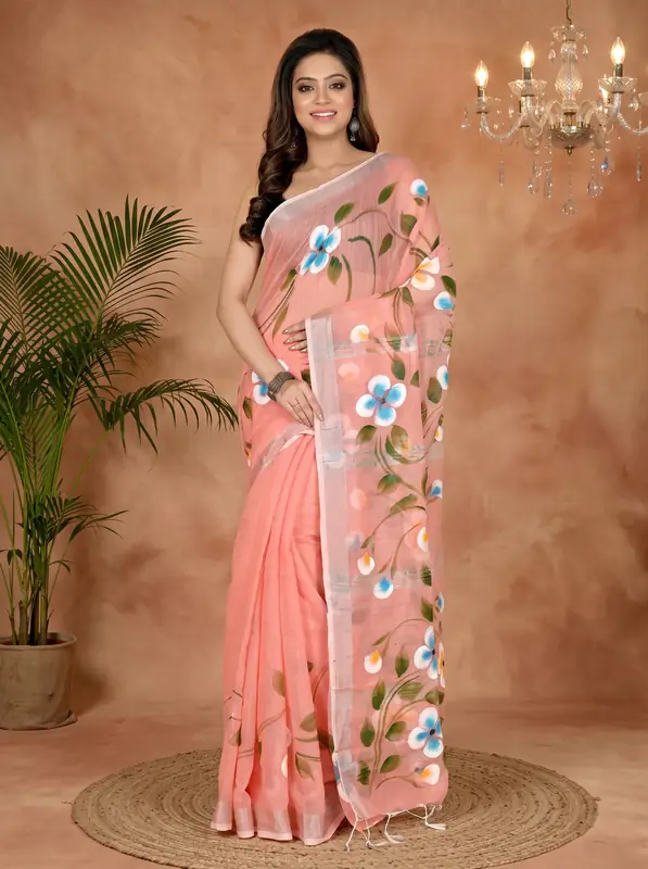 DipDiya Blended Cotton Peach Tanikato Pure Bengali Grace Hand Painted Sarees