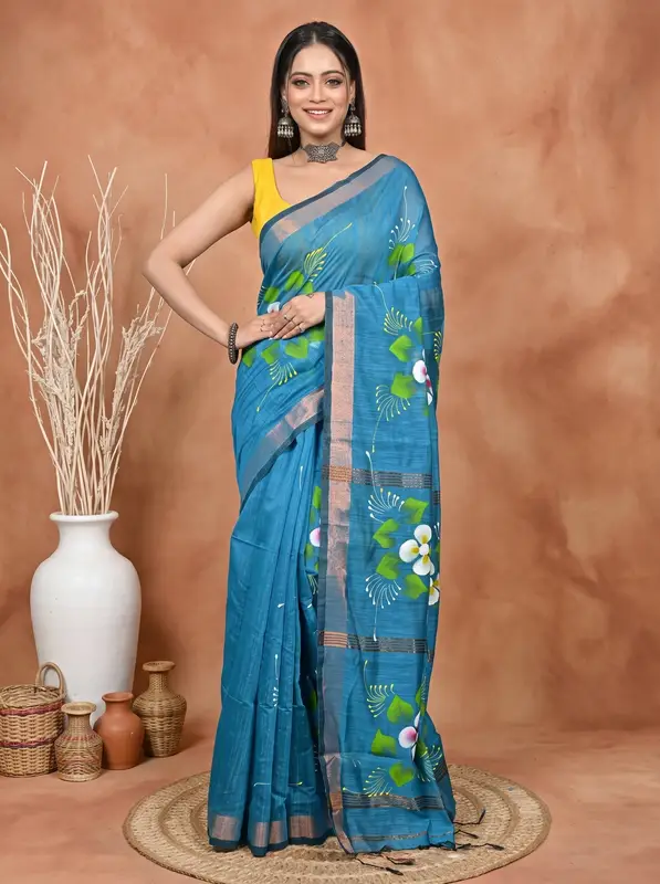 DipDiya Blended Cotton Peacock Blue Samvi Heritage of Bengali Hand Painted Sarees