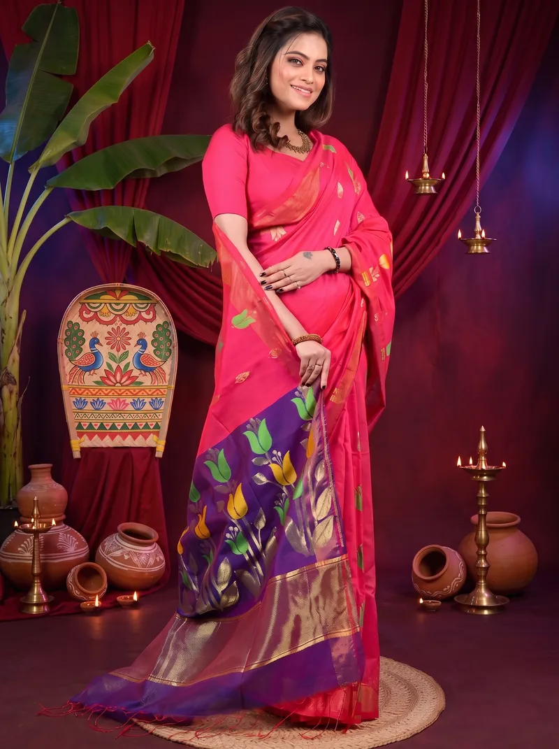 DipDiya Blended Cotton Pink Purple Foyani Heritage of Bengal Handloom Sarees