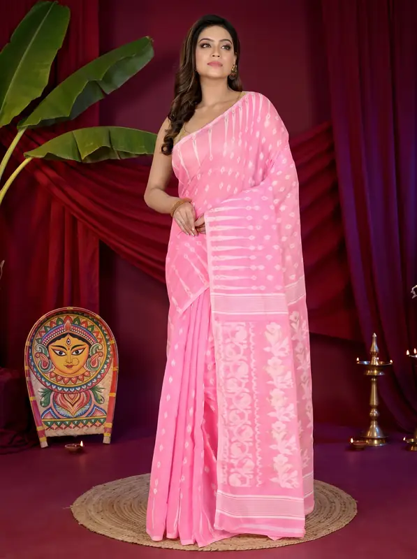 DipDiya Blended Cotton Pink Rapial Stories of Bengal Jamdani Sarees
