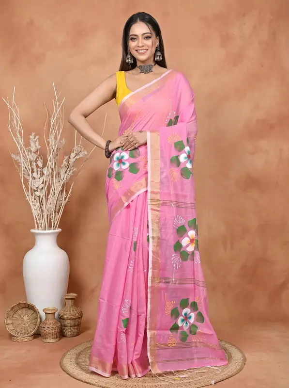 DipDiya Blended Cotton Pink Samvi Heritage of Bengali Hand Painted Sarees