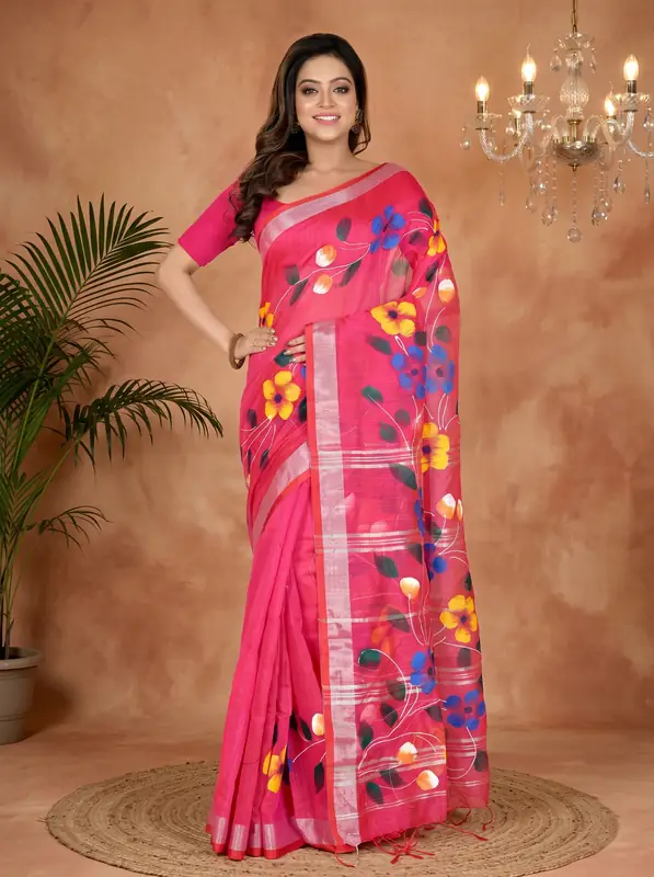 DipDiya Blended Cotton Pink Slabaka Ful Handloom Heritage Hand Painted Sarees