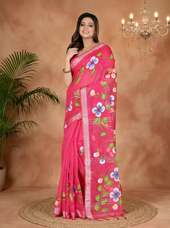 DipDiya Blended Cotton Pink Tanikato Regal Bengali Hand Painted Sarees