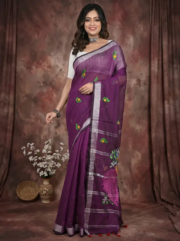 DipDiya Blended Cotton Purple Gijaa Bengal’s Legacy Embroidery Handloom sarees