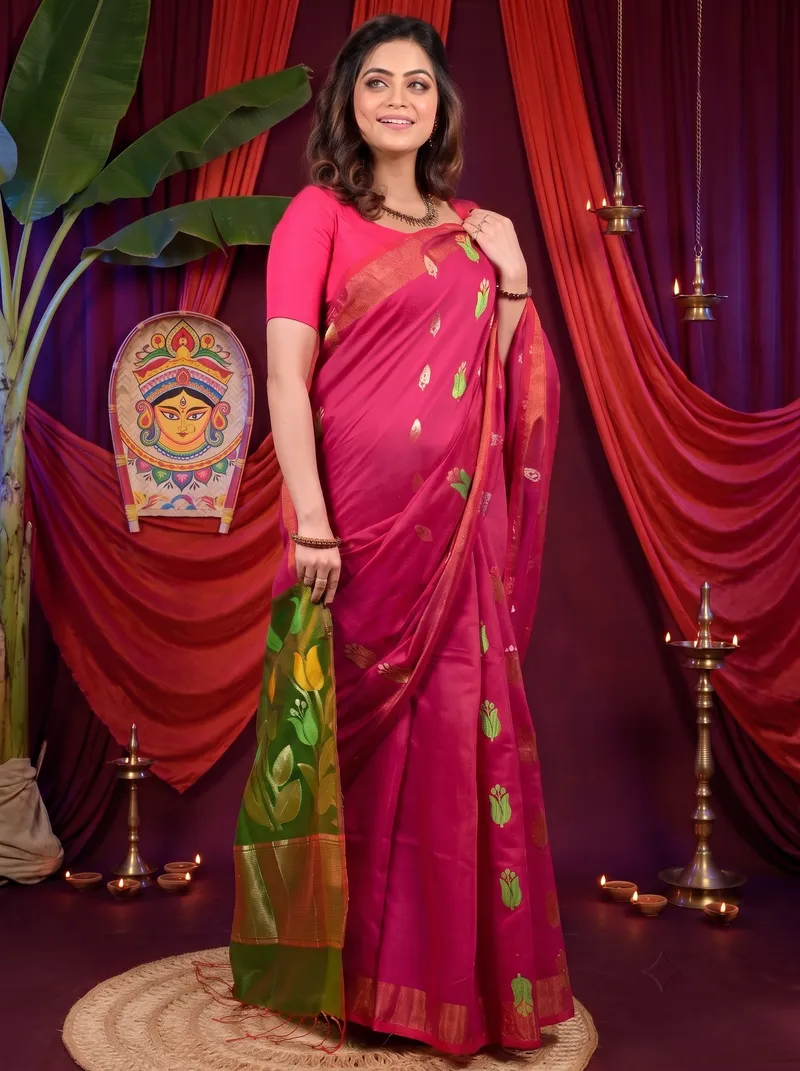 DipDiya Blended Cotton Purple Green Foyani Handloom Heritage Handloom Sarees