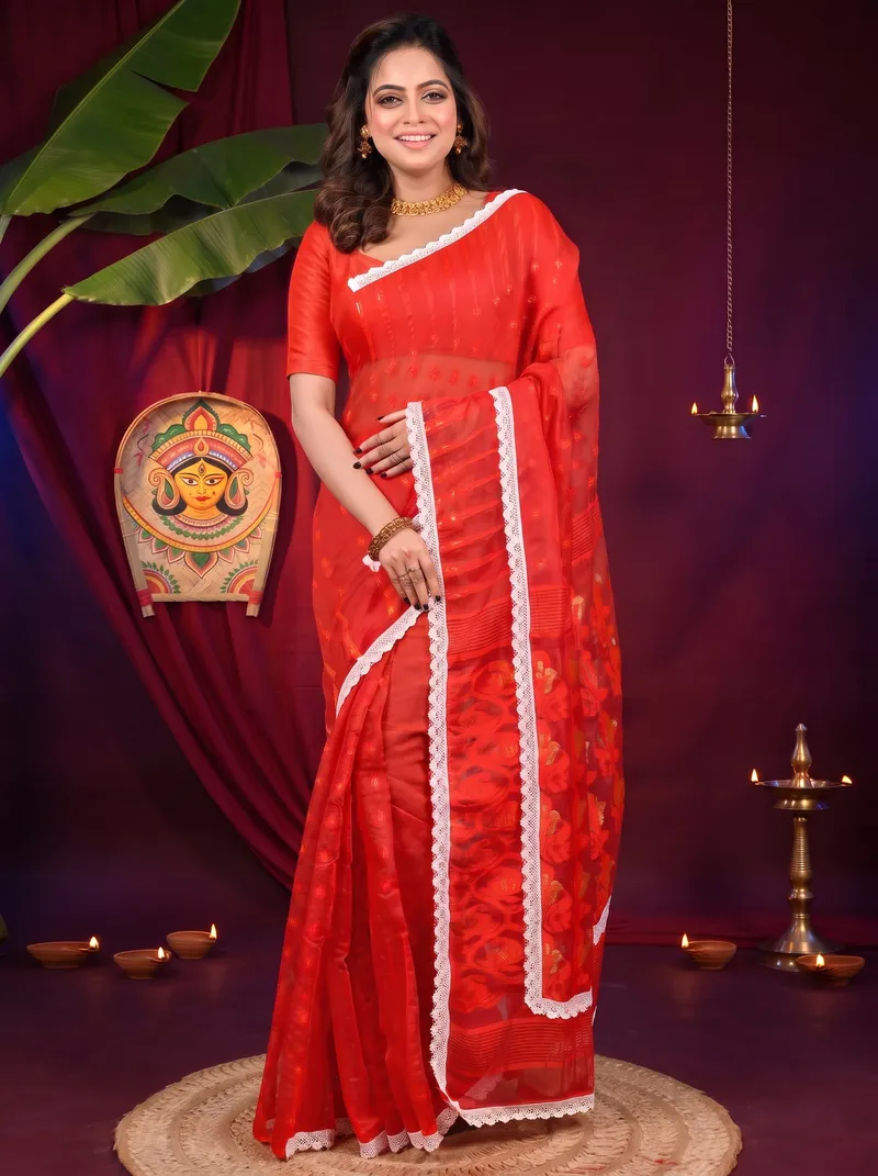 DipDiya Blended Cotton Red Fipui Artisan Woven Jamdani Sarees