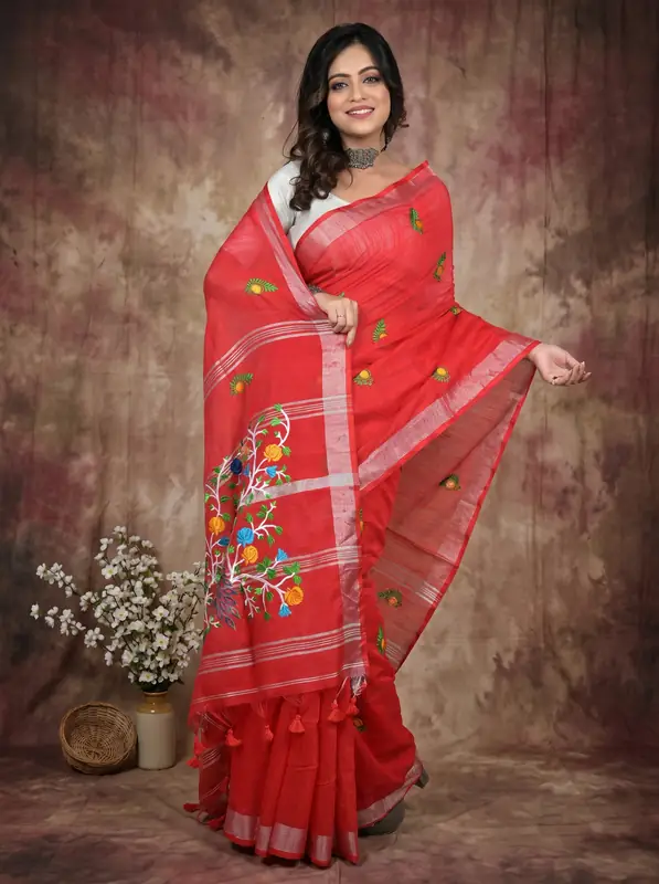 DipDiya Blended Cotton Red Gijaa Bengal’s Tradition Embroidery Handloom sarees