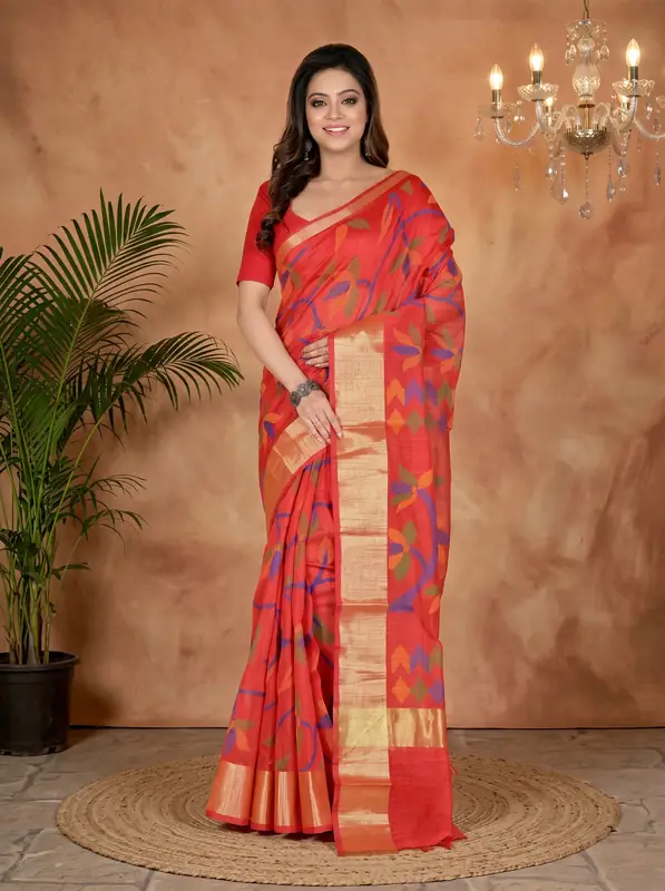 DipDiya Blended Cotton Red Narento Traditional Elegance Handloom Sarees