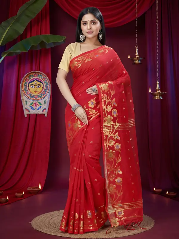 DipDiya Blended Cotton Red Neel Rooted in Bengal Handloom Sarees