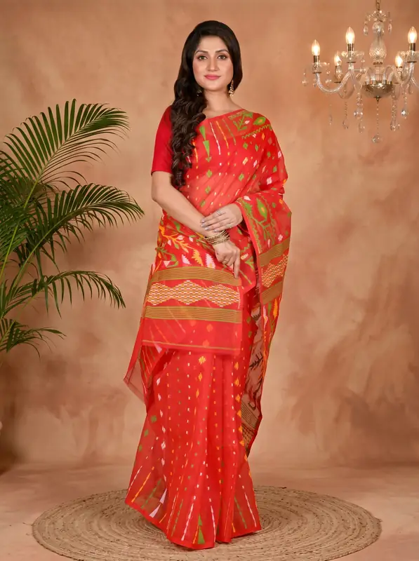 DipDiya Blended Cotton Red Rapkol Threads of Tradition Jamdani Sarees