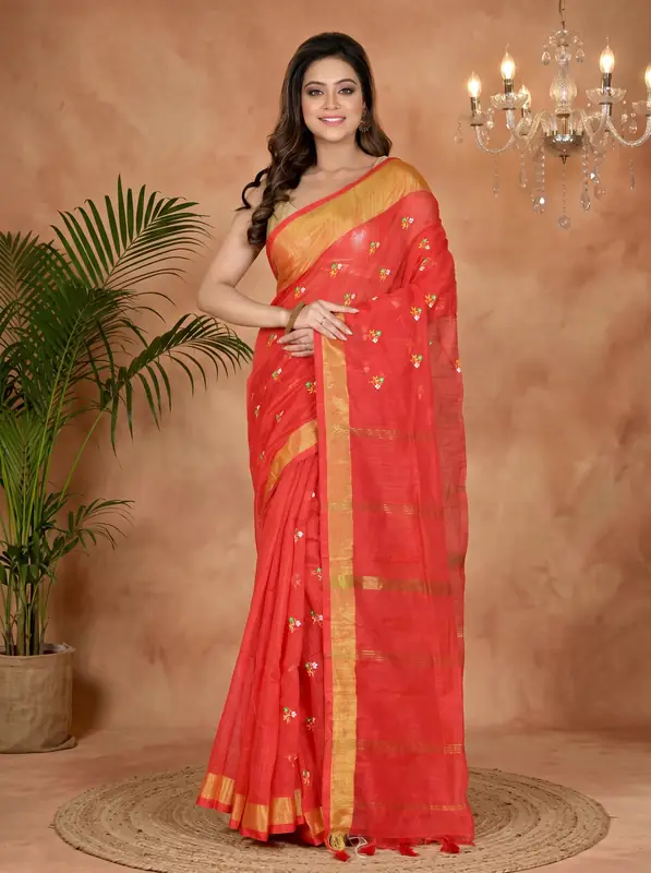 DipDiya Blended Cotton Red Slabaka Moli Bengal in Every Thread Handloom Sarees