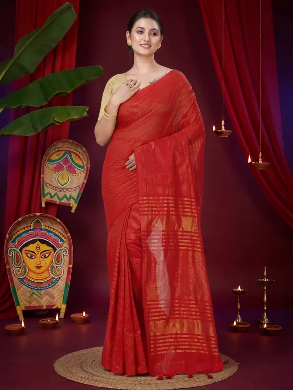 DipDiya Blended Cotton Red Tama A Legacy Woven Handloom Sarees