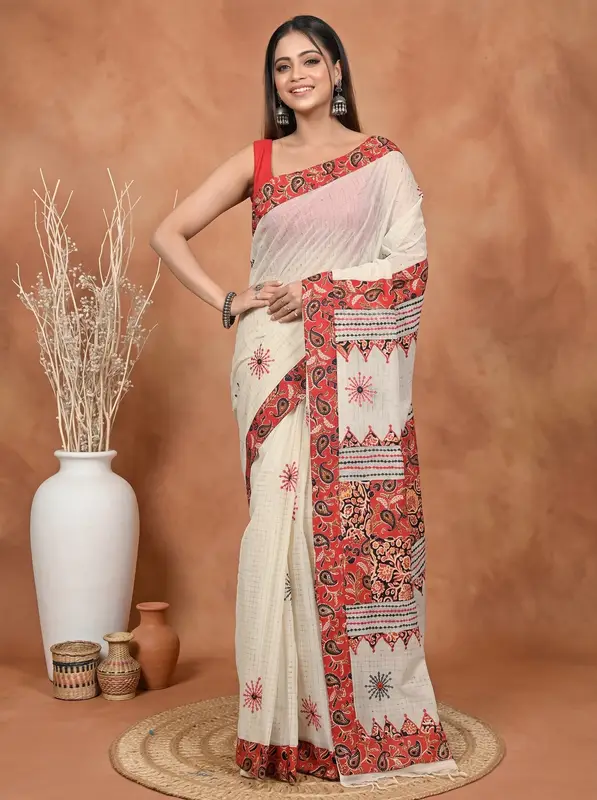 DipDiya Blended Cotton Red White  Aplika Mix Heritage of Bengali Applique Sarees
