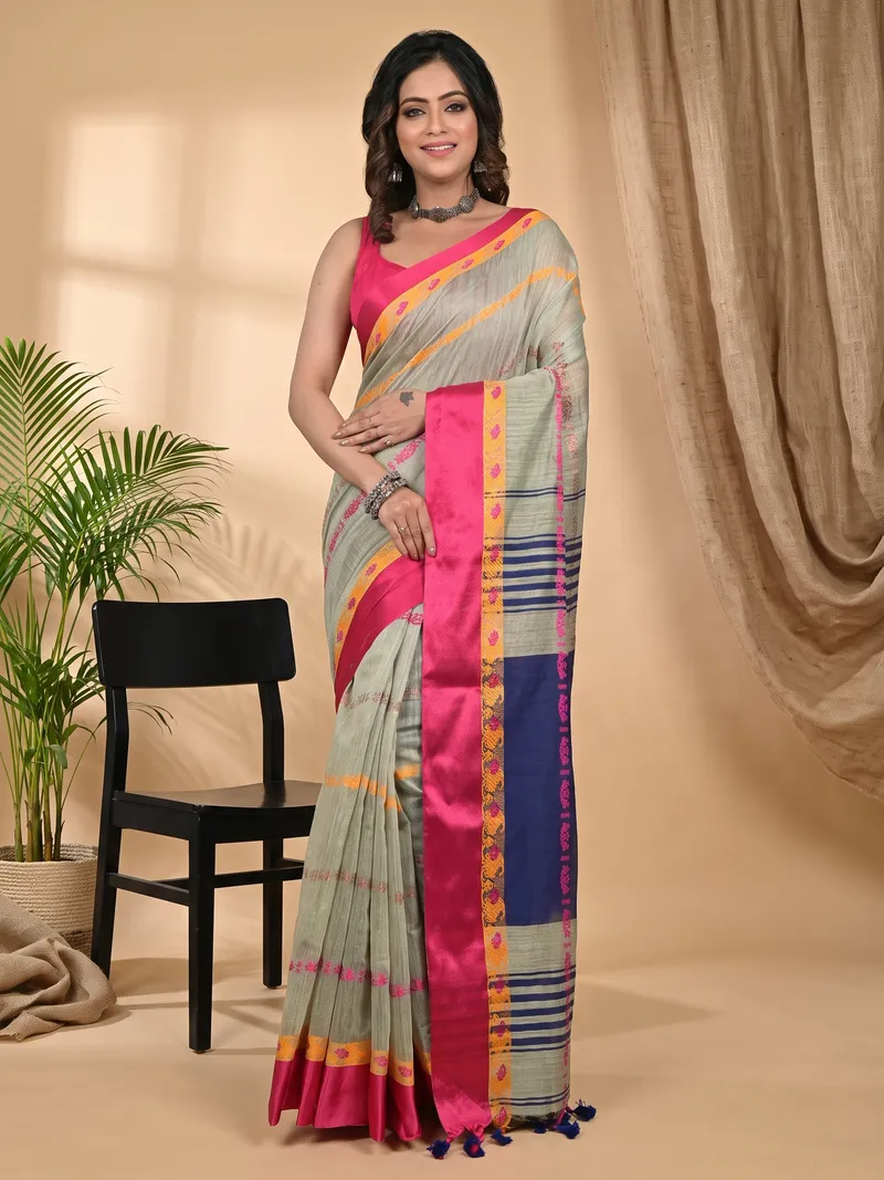DipDiya Blended Cotton Sage Green Achsit Artisan Woven Handloom Sarees