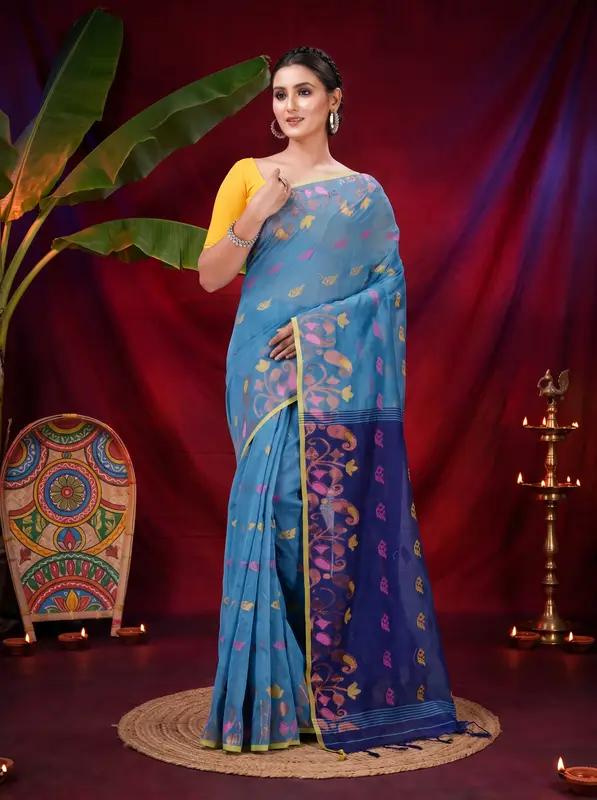 DipDiya Blended Cotton See Blue Banu Bengal’s Tradition Handloom Sarees