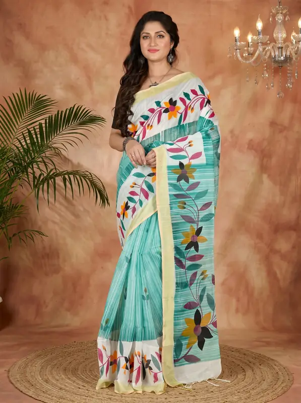 DipDiya Blended Cotton See Green Korel Grace of Bengal Printed Handloom Sarees