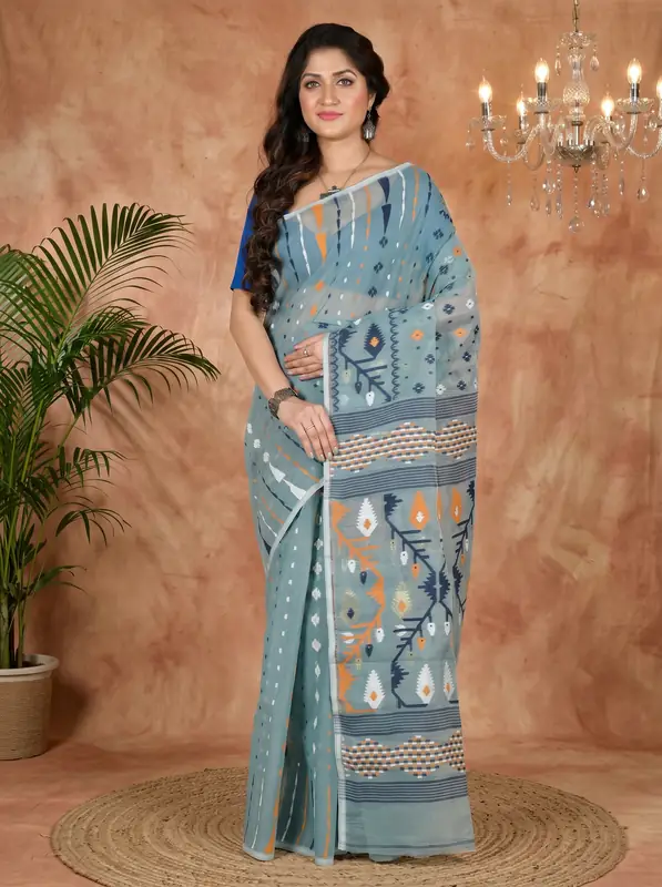 DipDiya Blended Cotton See Green Rapkol Timeless Bengal Jamdani Sarees