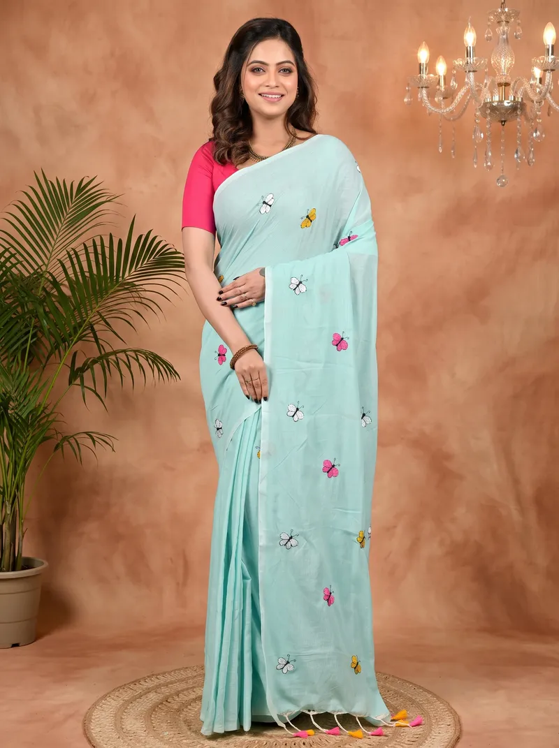 DipDiya Blended Cotton Sky Blue Foyeli Rooted in Bengal Embroidery Handloom sarees