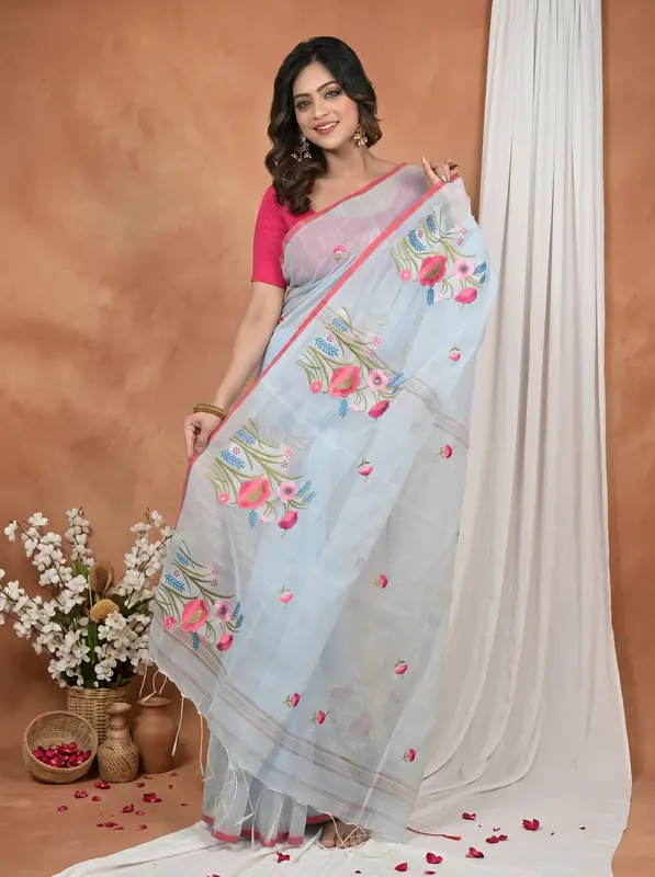 DipDiya Blended Cotton Sky Blue Himika Bengal’s Tradition Embroidery Handloom sarees