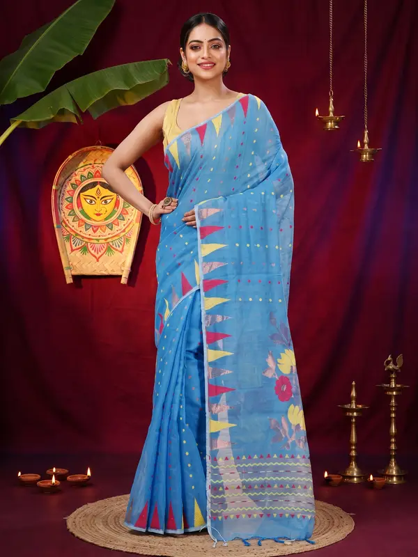 DipDiya Blended Cotton Sky Blue Pilu Stories of Bengal Handloom Sarees