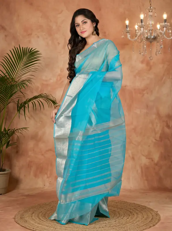 DipDiya Blended Cotton Sky Blue Sikto Traditional Elegance Handloom Sarees
