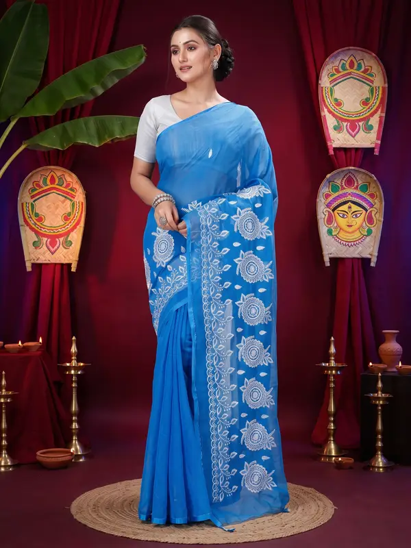 DipDiya Blended Cotton Sky Blue Tabu Woven by Hand Handloom Sarees