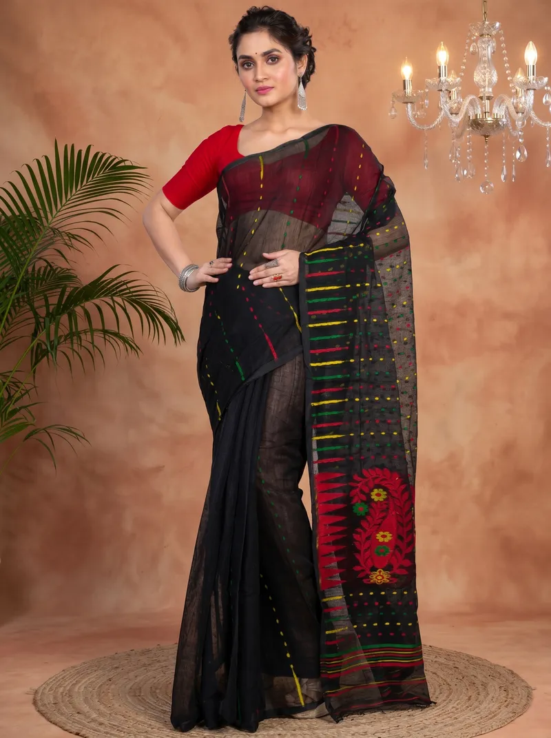 DipDiya Blended Cotton  Traditional Bengali Black Artisan Crafted HALF JAMDINE Jamdani Saree