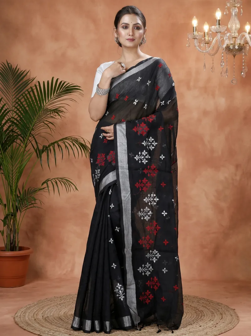 DipDiya Blended Cotton  Traditional Bengali Black Artisan Crafted Tamasi Handloom Saree