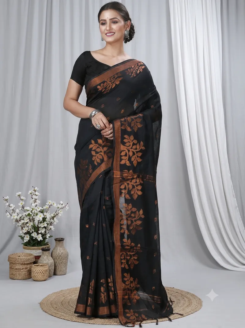 DipDiya Blended Cotton  Traditional Bengali Black Artisan Crafted Tina Handloom Saree