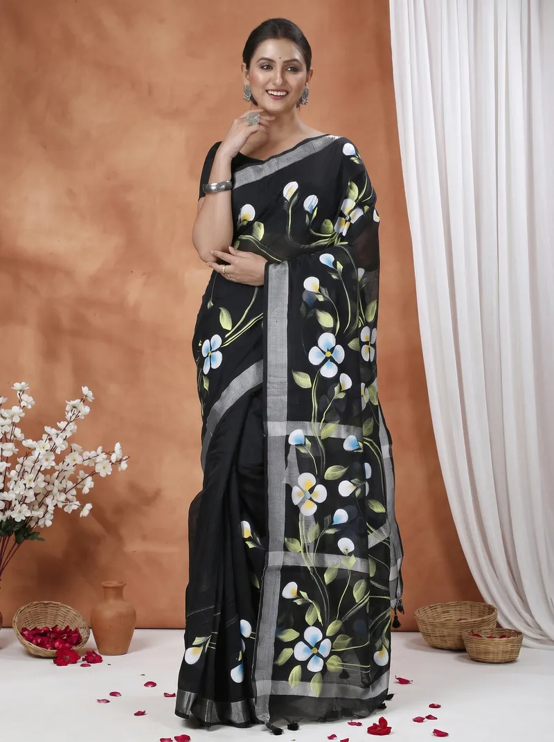 DipDiya Blended Cotton  Traditional Bengali Black Artisan Crafted Tonika Hand Painted Saree