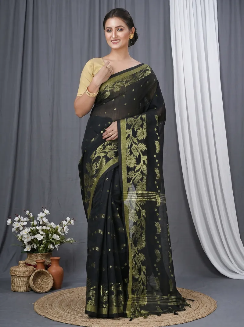DipDiya Blended Cotton  Traditional Bengali Black Artisan Crafted Turik Handloom Saree