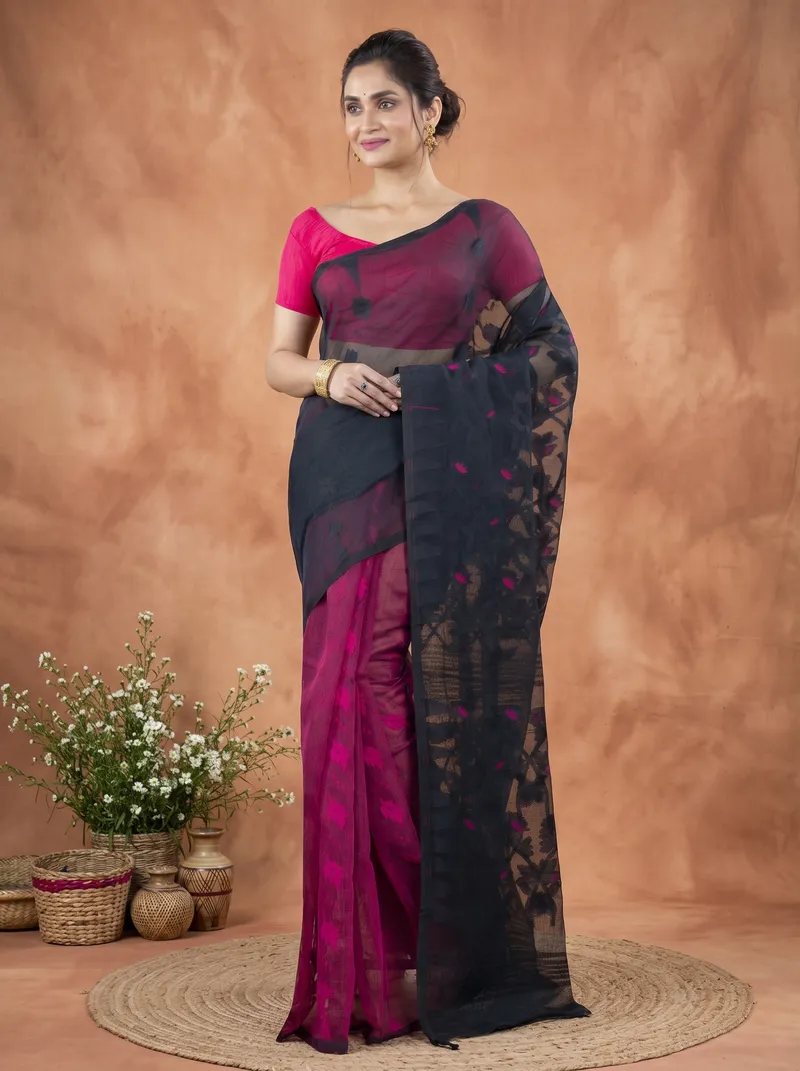 DipDiya Blended Cotton  Traditional Bengali Black Rani Artisan Crafted Moha Jamdani Jamdani Saree