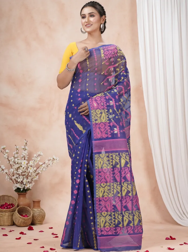 DipDiya Blended Cotton  Traditional Bengali Blue Artisan Crafted Jaya Jamdani Saree