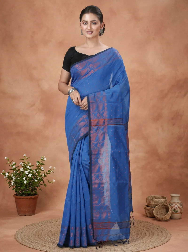 DipDiya Blended Cotton  Traditional Bengali Blue Artisan Crafted Temo Handloom Saree