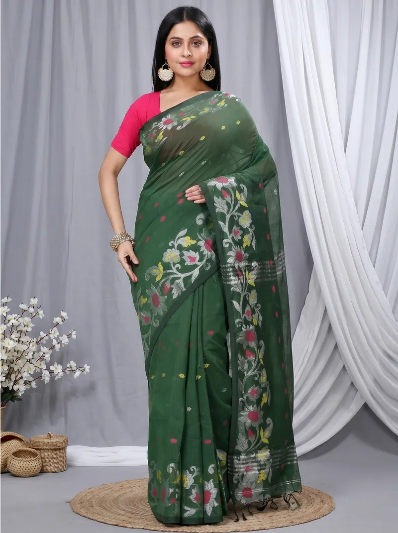 DipDiya Blended Cotton  Traditional Bengali Botel Green Artisan Crafted Nisa Handloom Saree