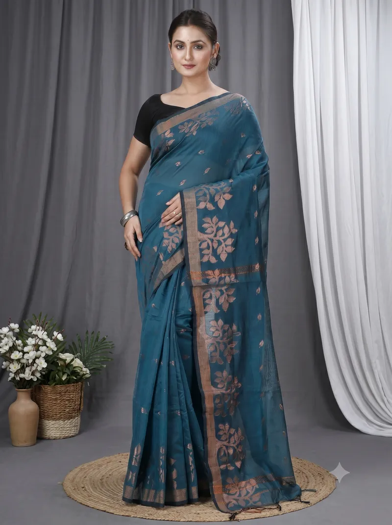 DipDiya Blended Cotton  Traditional Bengali Botel Green Artisan Crafted Tina Handloom Saree