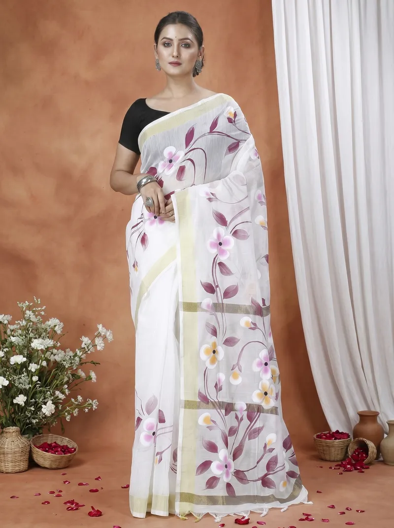 DipDiya Blended Cotton  Traditional Bengali Cream Artisan Crafted Tonika Hand Painted Saree