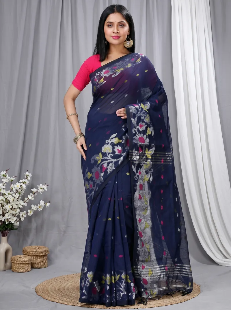 DipDiya Blended Cotton  Traditional Bengali Dark Blue Artisan Crafted Nisa Handloom Saree