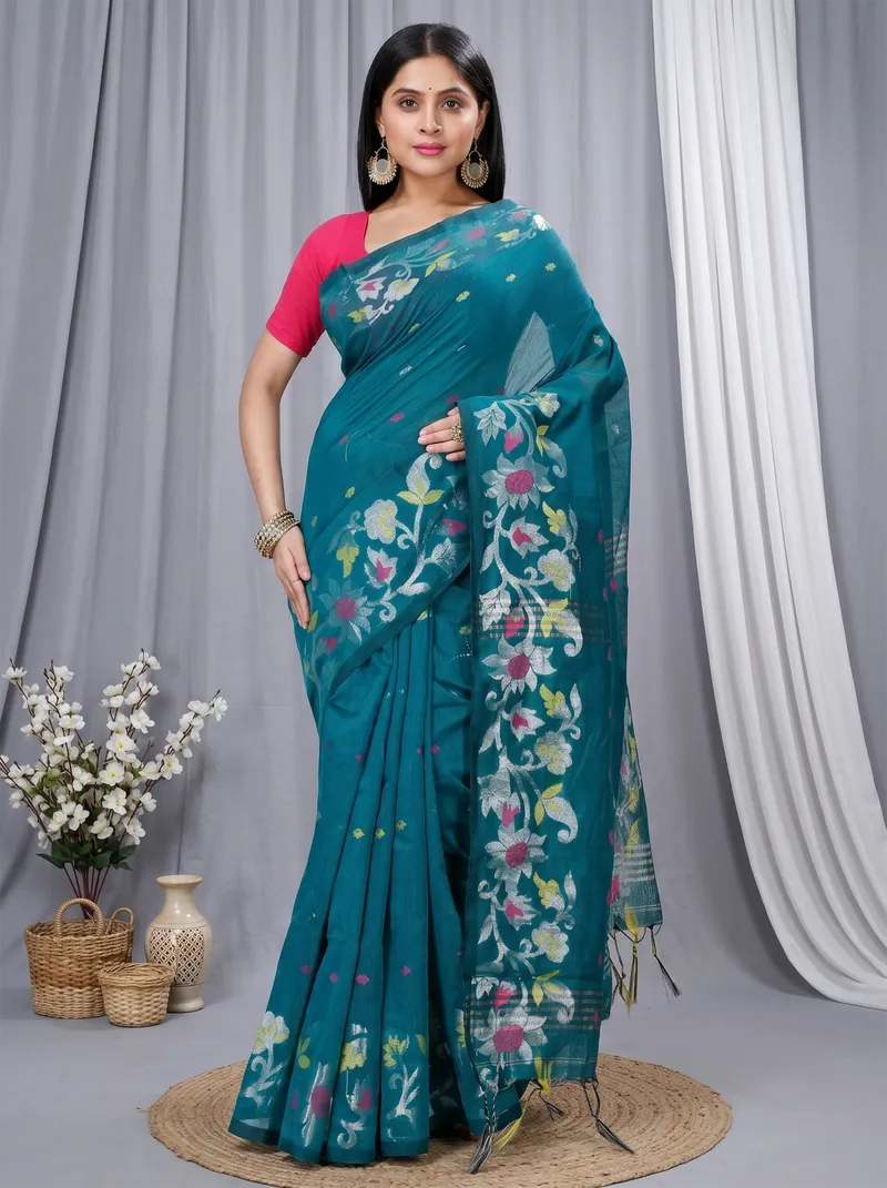 DipDiya Blended Cotton  Traditional Bengali Dark Green Artisan Crafted Nisa Handloom Saree
