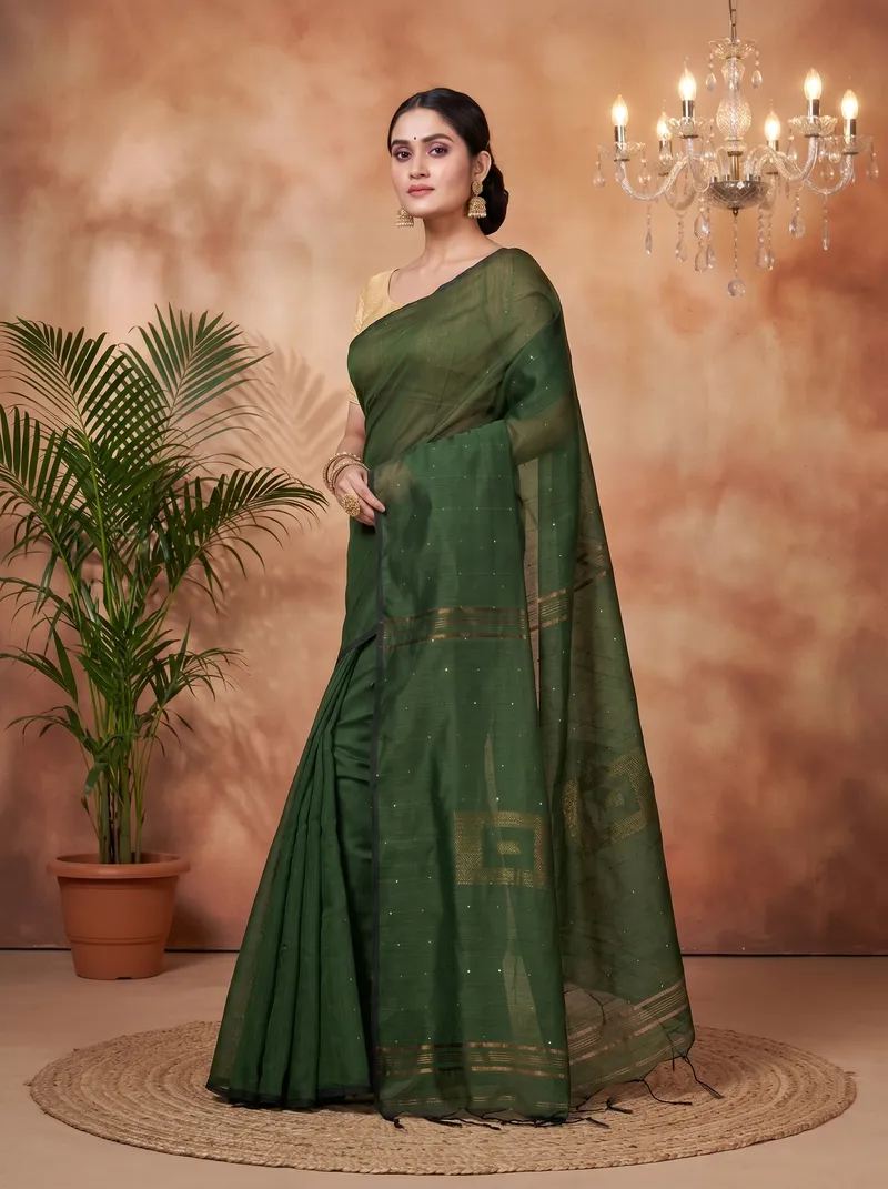 DipDiya Blended Cotton  Traditional Bengali Dark Green Artisan Crafted Sequence Handloom Saree