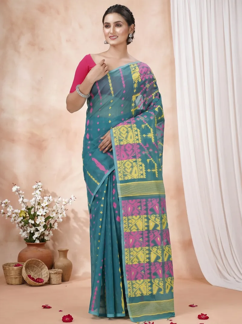 DipDiya Blended Cotton  Traditional Bengali Green Artisan Crafted Jaya Jamdani Saree