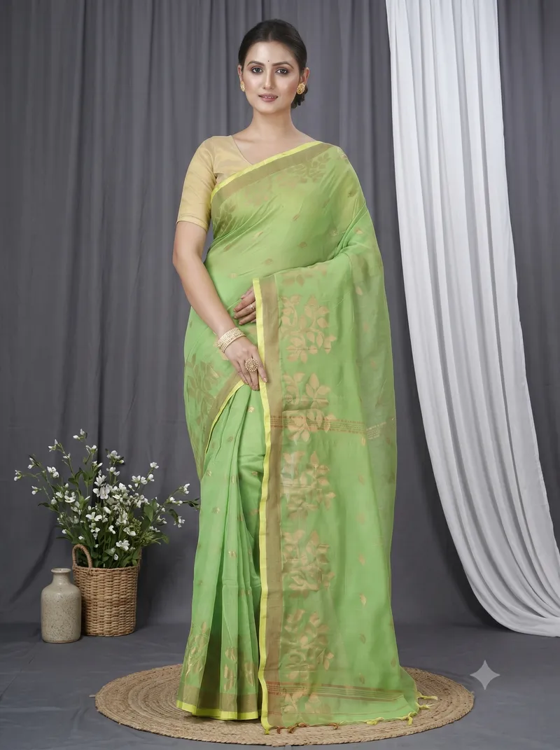 DipDiya Blended Cotton  Traditional Bengali Green Artisan Crafted Tina Handloom Saree