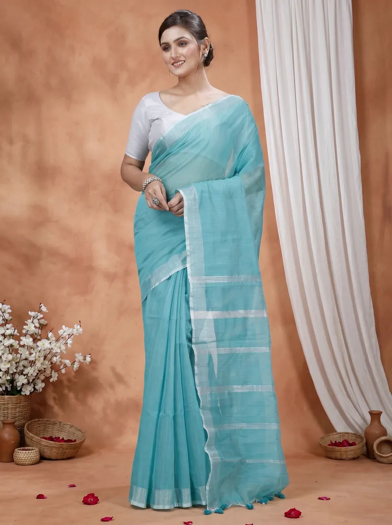 DipDiya Blended Cotton  Traditional Bengali Green Artisan Crafted Toshini Handloom Saree