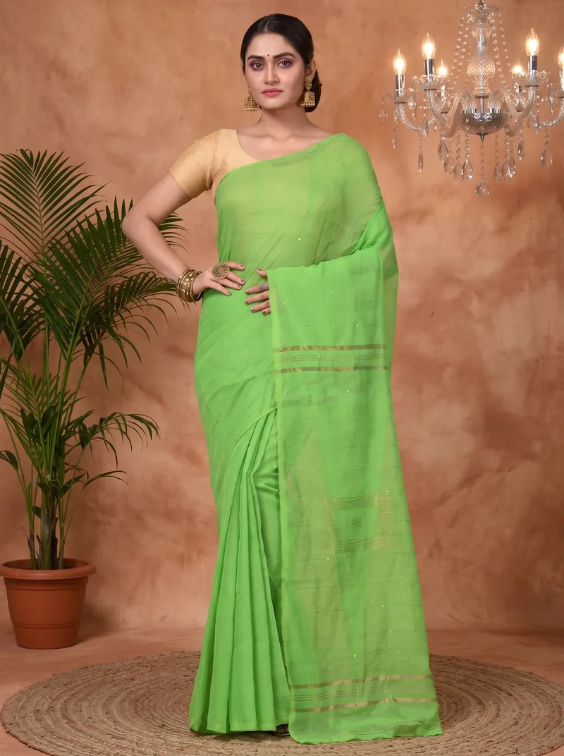 DipDiya Blended Cotton  Traditional Bengali Light Green Artisan Crafted Sequence Handloom Saree