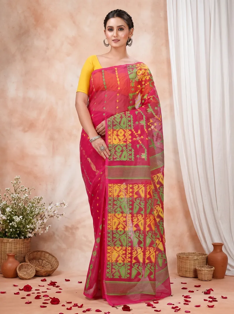 DipDiya Blended Cotton  Traditional Bengali Marun Artisan Crafted Jaya Jamdani Saree