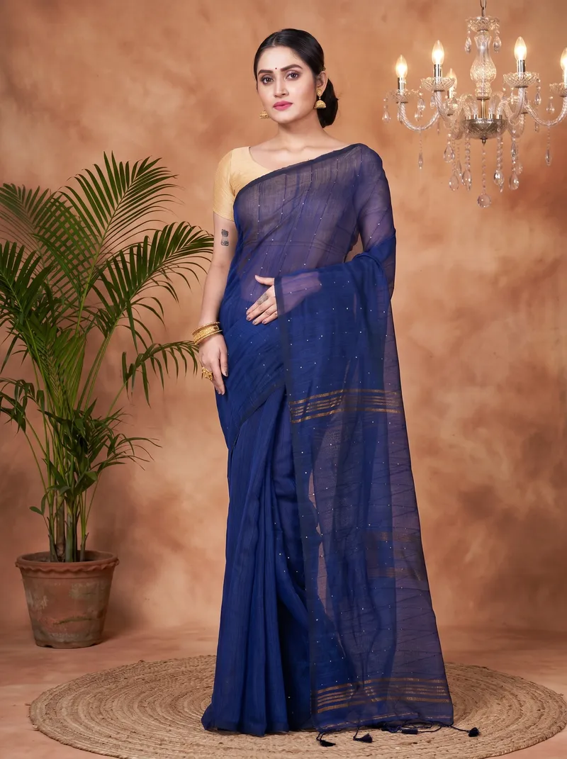 DipDiya Blended Cotton  Traditional Bengali Naby Blue Artisan Crafted Sequence Handloom Saree