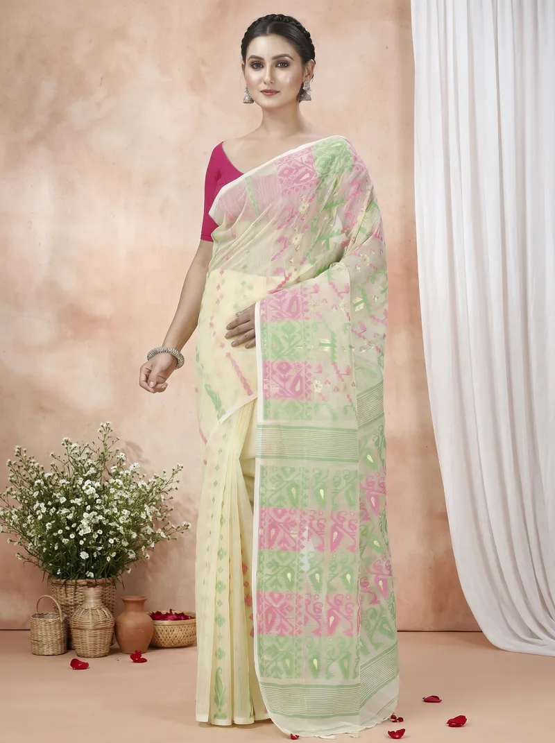 DipDiya Blended Cotton  Traditional Bengali Off White Artisan Crafted Jaya Jamdani Saree