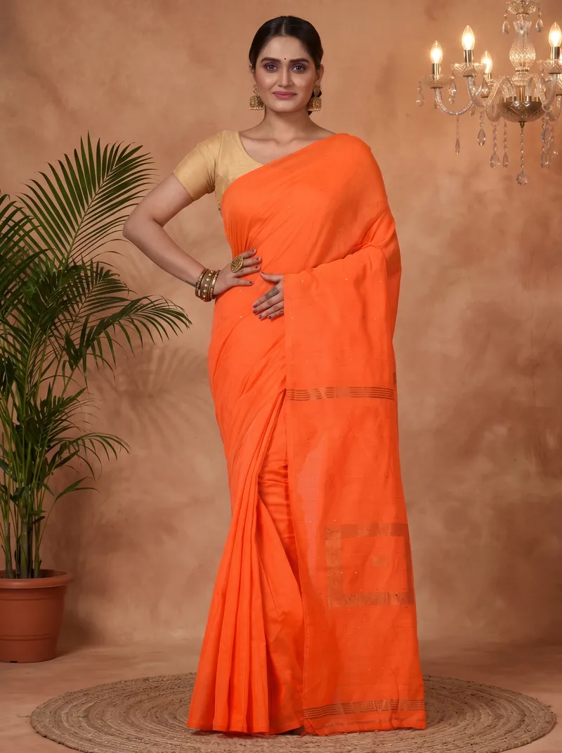 DipDiya Blended Cotton  Traditional Bengali Orange Artisan Crafted Sequence Handloom Saree