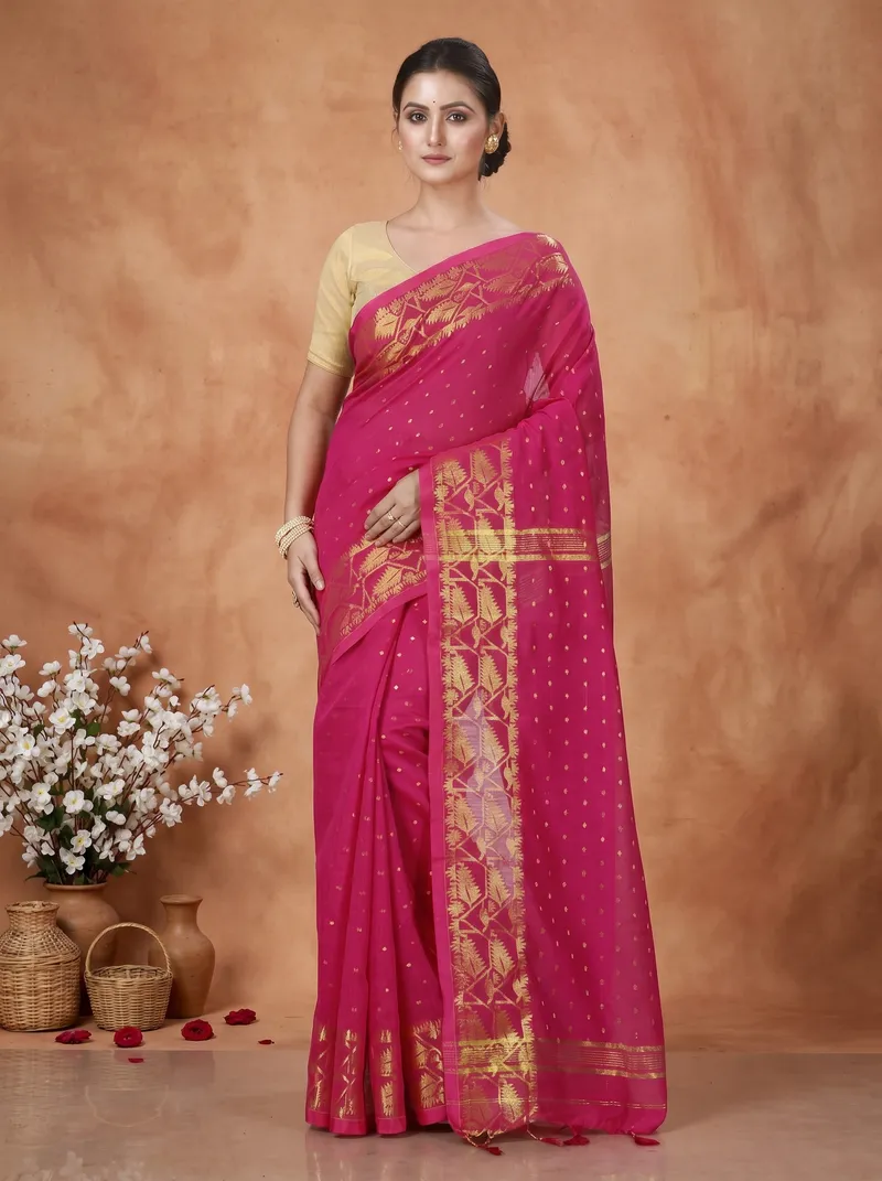 DipDiya Blended Cotton  Traditional Bengali Pink Artisan Crafted Temo Handloom Saree